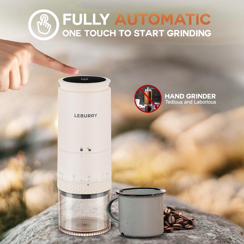 LEBURRY Burr Coffee Grinder - Portable Espresso Grinder with Stainless Steel Conical Mill for Travel, Camping - Cordless/Rechargeable Electric Coffee Bean Grinders with 38 Adjustable Grind Settings - Image 2
