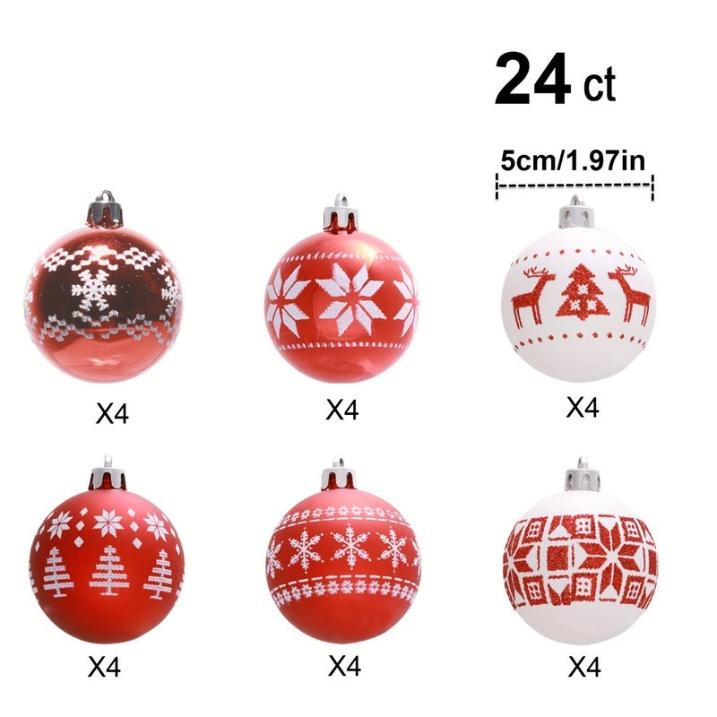 24ct 2" Christmas Ball Ornaments Shatterproof Christmas Tree Decorations Balls Delicate Painting Glittering Decorative Hanging Christmas Ornaments Baubles Set (Red-White) - Image 2
