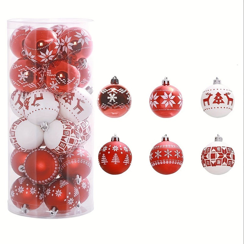 24ct 2" Christmas Ball Ornaments Shatterproof Christmas Tree Decorations Balls Delicate Painting Glittering Decorative Hanging Christmas Ornaments Baubles Set (Red-White) - Image 1