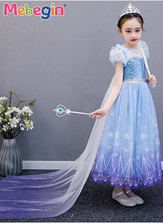 MEBEGIN - Ice Princess Dresses for Girls with Magic Wands, Necklaces, Crowns, and Gloves,Snow Queen Princess Costume Kids Costumes Dress Up with Accessories Special Occasion Dresses Blue - Image 1