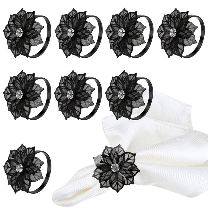 PACK OF 18 NAPKIN RINGS ALLOY HOLLOW OUT FLOWER NAPKIN HOLDER DINNING TABLE NAPKIN RING FOR DINNER PARTIES WEDDING BANQUET TABLE SETTING FAMILY GATHERINGS TABLE DECOR BLACK FLOWER 18