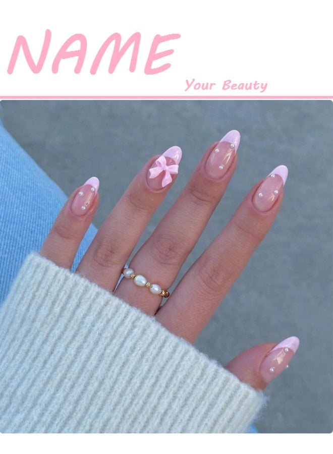 NAME 24-Piece Full Cover False French Tip Press on Nails,Medium Fake Nails Almond Glue on Nails Bow Charm Pearl Design Acrylic Nails(Pink) - Image 3