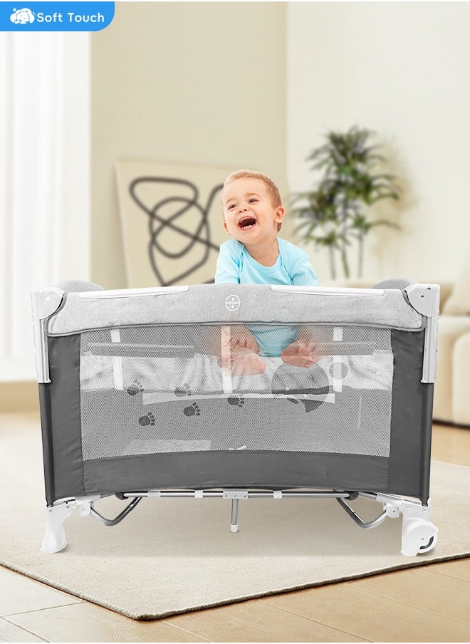 Soft Touch Baby Cot 5 In 1 Baby Bassinet Bedside Crib Toddler Beside Sleeper with Diaper Table Portable Baby Nursery Center Playard Foldabele Baby Travel Crib with Wheels and Storage Bag  - Image 1