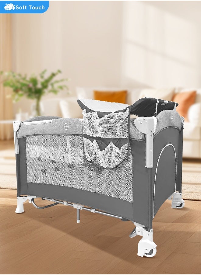 Soft Touch Baby Cot 5 In 1 Baby Bassinet Bedside Crib Toddler Beside Sleeper with Diaper Table Portable Baby Nursery Center Playard Foldabele Baby Travel Crib with Wheels and Storage Bag  - Image 2