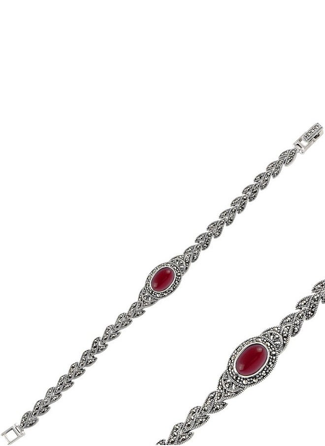 EMNON 925 Silver-Red Agate & Marcasite Bracelet-High-Quality Jewelry in UAE Dubai 100% Precious Metal Gift for Women-EMNON88BR-B98629 