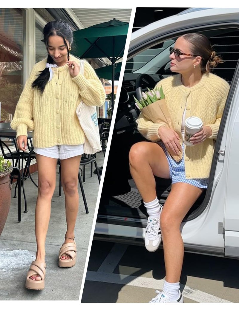 VDWIP Women's Cardigan Sweaters Button Down Open Front Chunky Cardigan Long Sleeve Cropped Y2k Knit Outerwear(Yellow-L) - Image 5