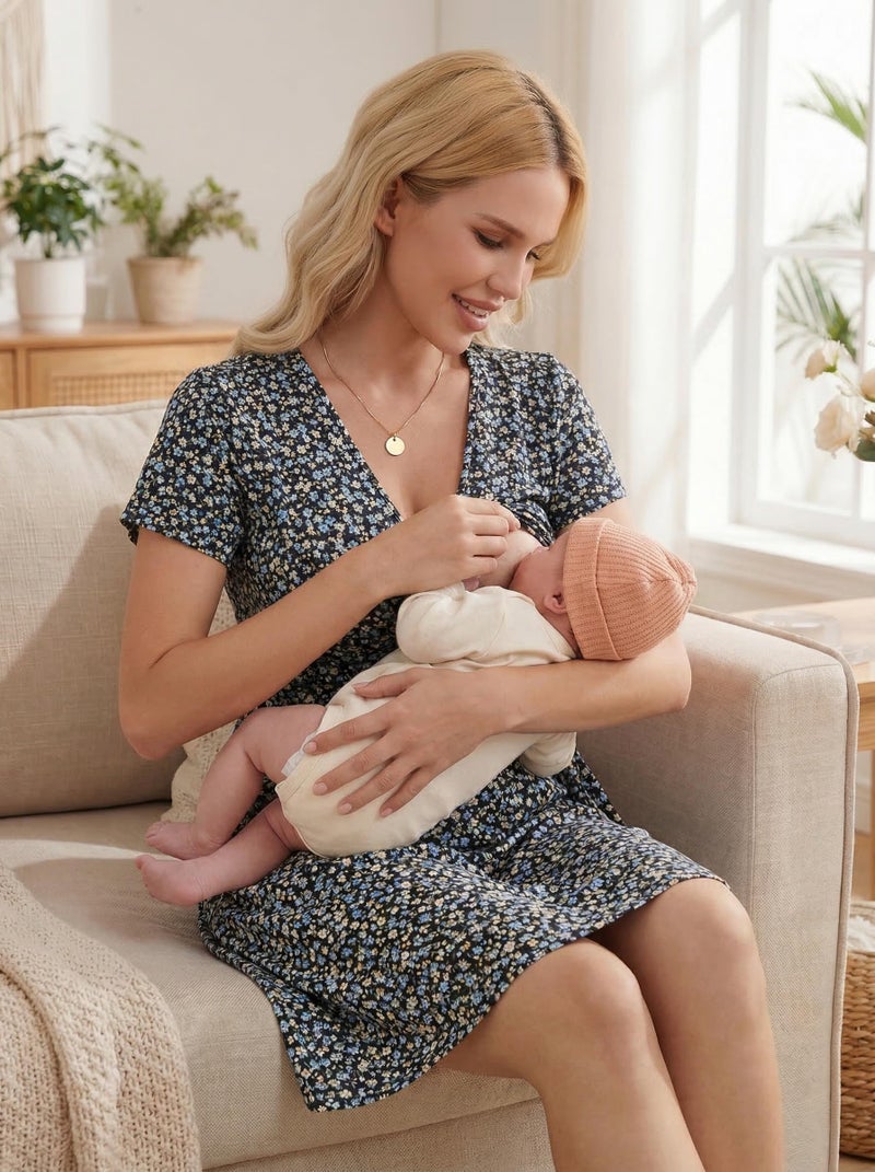 OUGES Maternity Nursing Dress Breastfeeding Short Sleeve V Neck Casual Pregnancy Postpartum Dress Pockets(Floral C,XL) - Image 2