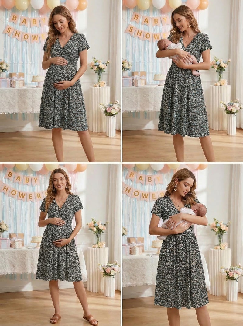 OUGES Maternity Nursing Dress Breastfeeding Short Sleeve V Neck Casual Pregnancy Postpartum Dress Pockets(Floral C,XL) - Image 5