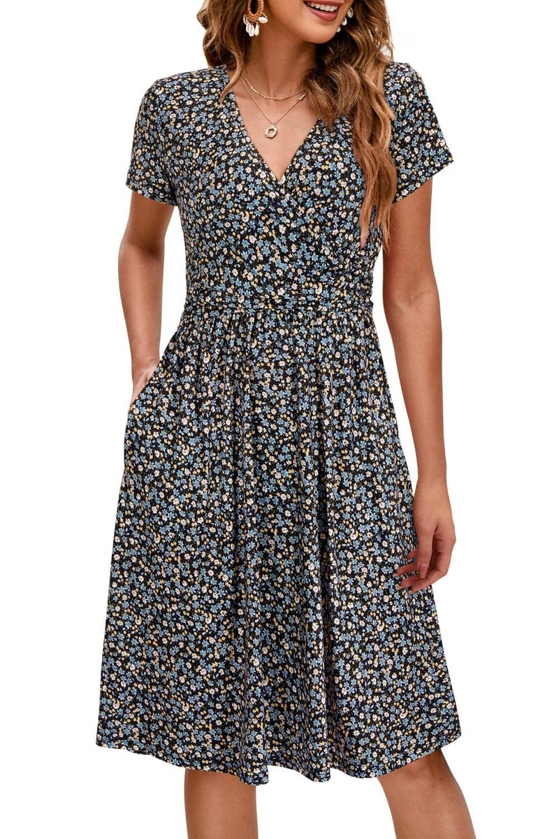 OUGES Maternity Nursing Dress Breastfeeding Short Sleeve V Neck Casual Pregnancy Postpartum Dress Pockets(Floral C,XL) - Image 1
