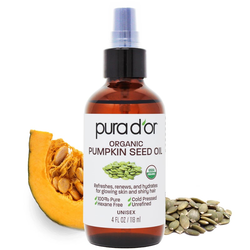 PURA D'OR 4 Oz Organic Pumpkin Seed Oil - 100% Pure USDA Certified Premium Grade Body Oil & Hair Growth Serum - After Shower Body Oil For Women & Men - Cold Pressed, Unrefined, Hexane-Free Skin Oil - Image 1