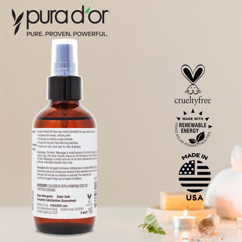 PURA D'OR 4 Oz Organic Pumpkin Seed Oil - 100% Pure USDA Certified Premium Grade Body Oil & Hair Growth Serum - After Shower Body Oil For Women & Men - Cold Pressed, Unrefined, Hexane-Free Skin Oil - Image 5