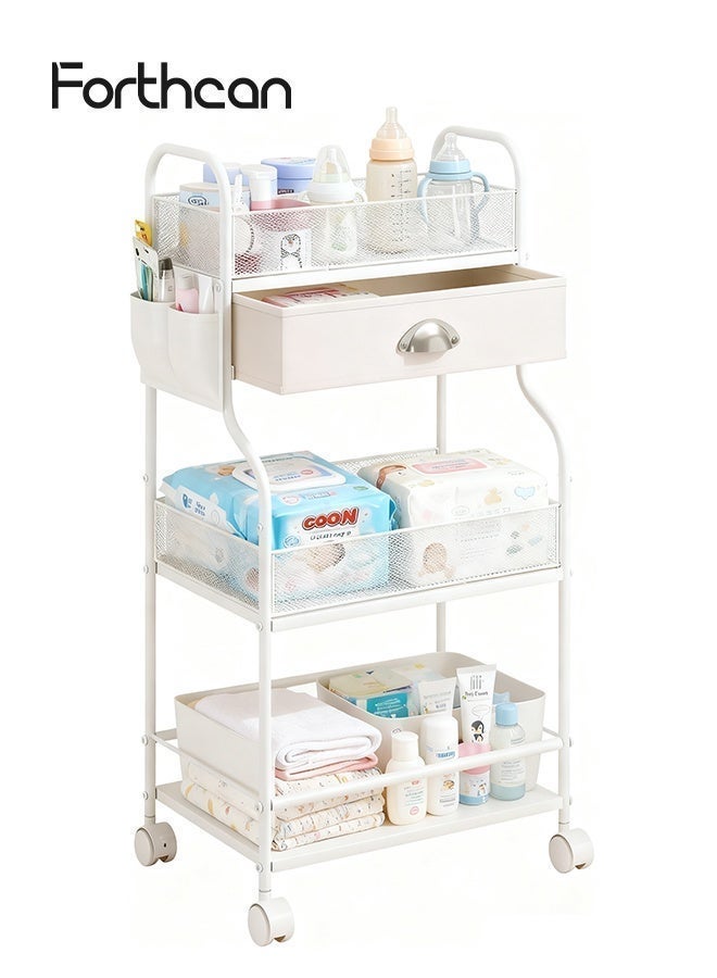 Forthcan 4-Tier Rolling Diaper Cart with Drawer & Dividers, Baby Diaper Caddy Organizer, Mobile Metal Storage Cart for Nursery & Bedside Essentials, Large Capacity - Image 1