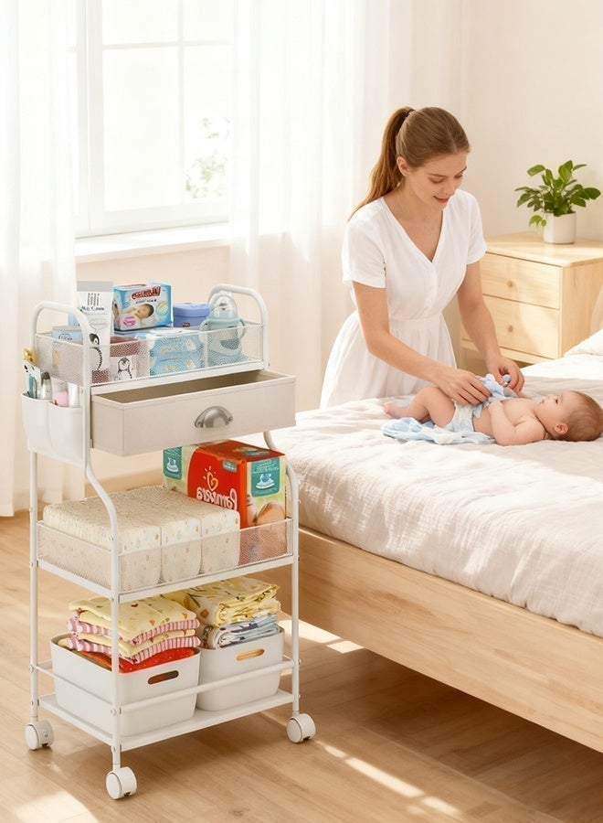 Forthcan 4-Tier Rolling Diaper Cart with Drawer & Dividers, Baby Diaper Caddy Organizer, Mobile Metal Storage Cart for Nursery & Bedside Essentials, Large Capacity - Image 4