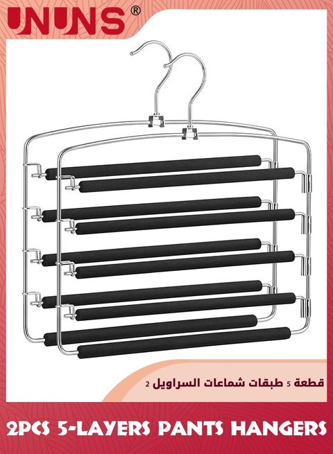 Pants Hangers,2 Pack Non-Slip Space Saving Multi-Layer Swing Arm Hanger,Stainless Steel Hangers,Closet Storage Organizer For Pants Jeans Trouser Tie Slack Clothes,Black