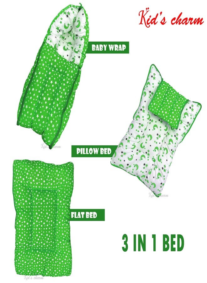 Kid's Charm Star Moon 2 PCS Combo Set |3 in 1 Baby's Cotton Cum Carry Bed|2 in 1 Baby's Cotton Bed with Mosquito Net for 0-4 Months (Green) - Image 2