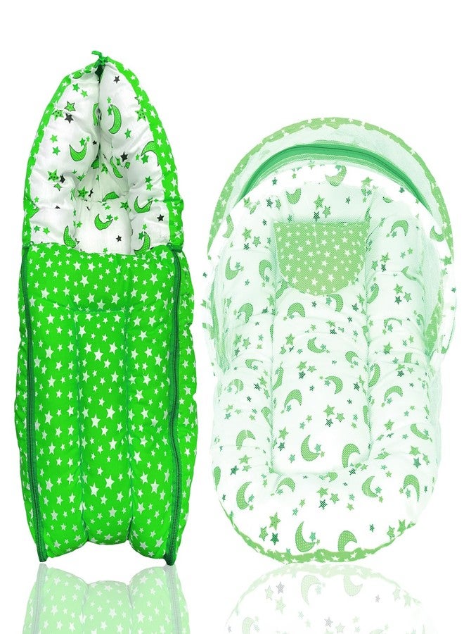 Kid's Charm Star Moon 2 PCS Combo Set |3 in 1 Baby's Cotton Cum Carry Bed|2 in 1 Baby's Cotton Bed with Mosquito Net for 0-4 Months (Green) - Image 1