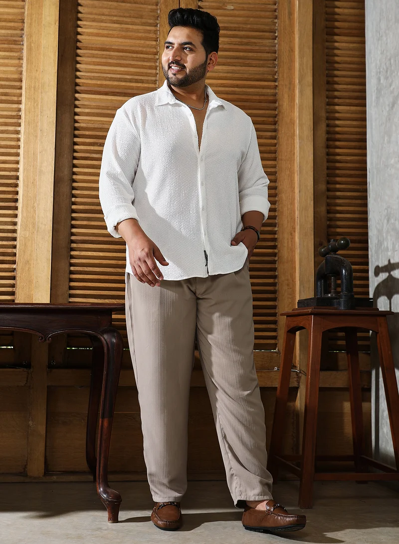 Instafab Plus Instafab Plus Men's Chalk White Weave-Tactile Shirt For Casual Wear | Spread Collar | Long Cuffed Sleeves | Button Closure | Plus Size Shirt Crafted With Comfort Fit For Everyday Wear
