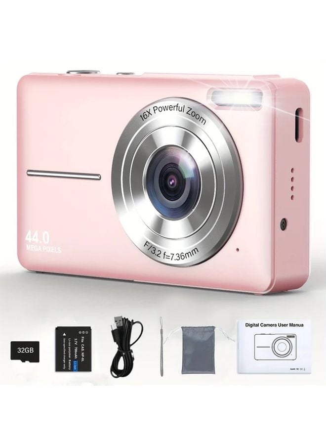 Pink Digital Camera 1080P FHD 44MP 2.4 Inch Screen 16x Zoom 32GB Card Vlog Camera - Image 1