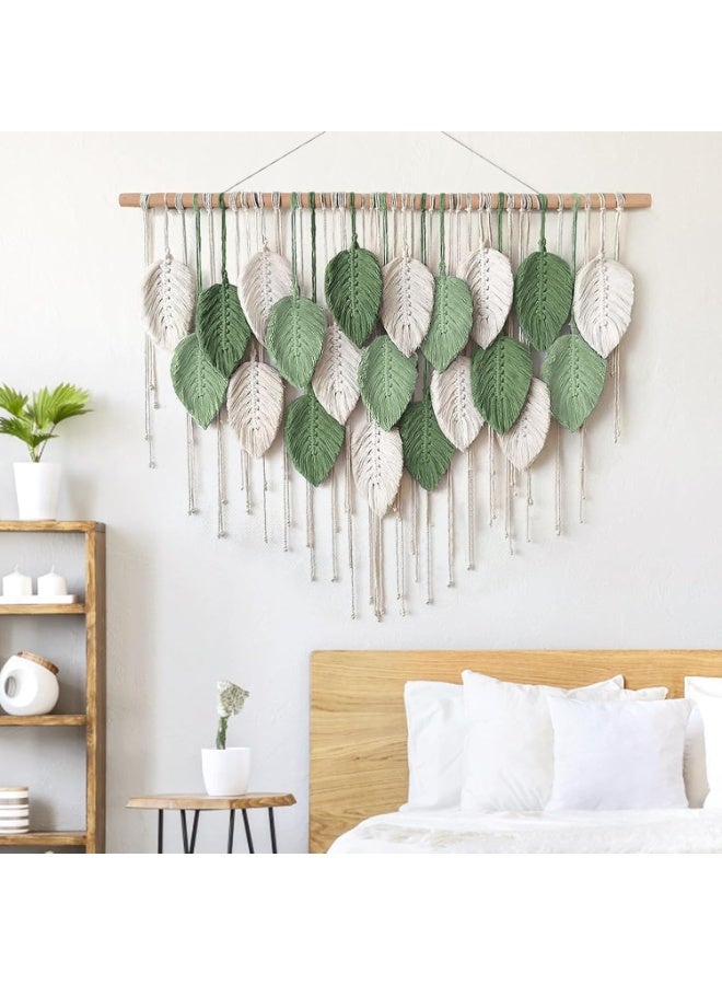 Beauenty Large Macrame Wall Hanging, Boho Handmade Leaf Feather Bohemian Woven Tapestry, Chic Wall Art Home Decor for Bedroom Living Room Nursery Apartment Decorations (Green with Beige) - Image 5