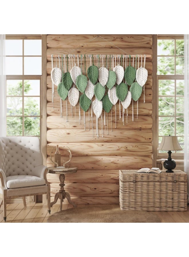 Beauenty Large Macrame Wall Hanging, Boho Handmade Leaf Feather Bohemian Woven Tapestry, Chic Wall Art Home Decor for Bedroom Living Room Nursery Apartment Decorations (Green with Beige) - Image 1