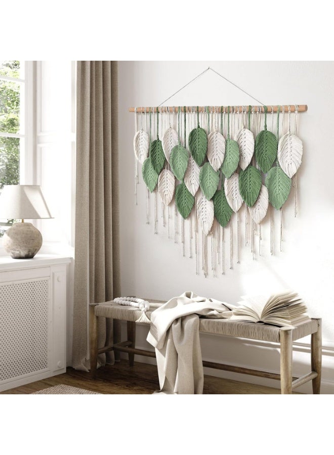 Beauenty Large Macrame Wall Hanging, Boho Handmade Leaf Feather Bohemian Woven Tapestry, Chic Wall Art Home Decor for Bedroom Living Room Nursery Apartment Decorations (Green with Beige) - Image 2
