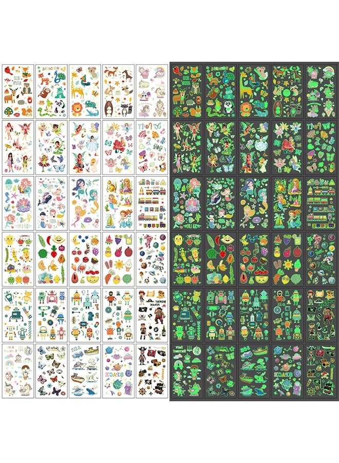 ليمون ٣٠ ورقة وشم مضيء للأطفال، ملصقات وشم مؤقتة بأنماط متنوعة برسومات حورية البحر/ديناصور للأولاد والبنات، لوازم حفلات مضيئة. - Image 1