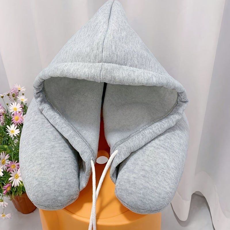 Grey U Shaped Travel Hooded Neck Pillow For Airplane Support Portable Nap Cushion - Image 2