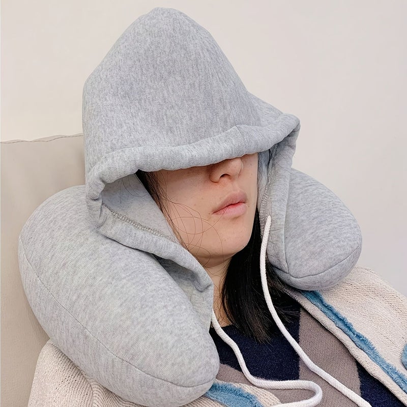 Grey U Shaped Travel Hooded Neck Pillow For Airplane Support Portable Nap Cushion - Image 1