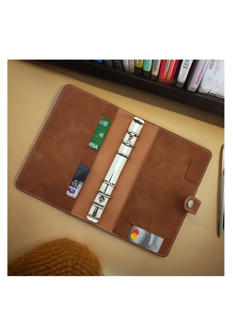 Money and Card Wallet - Leather Binder Flap Wallet A6 Size with Snap Button Closure (Camel) - Image 4