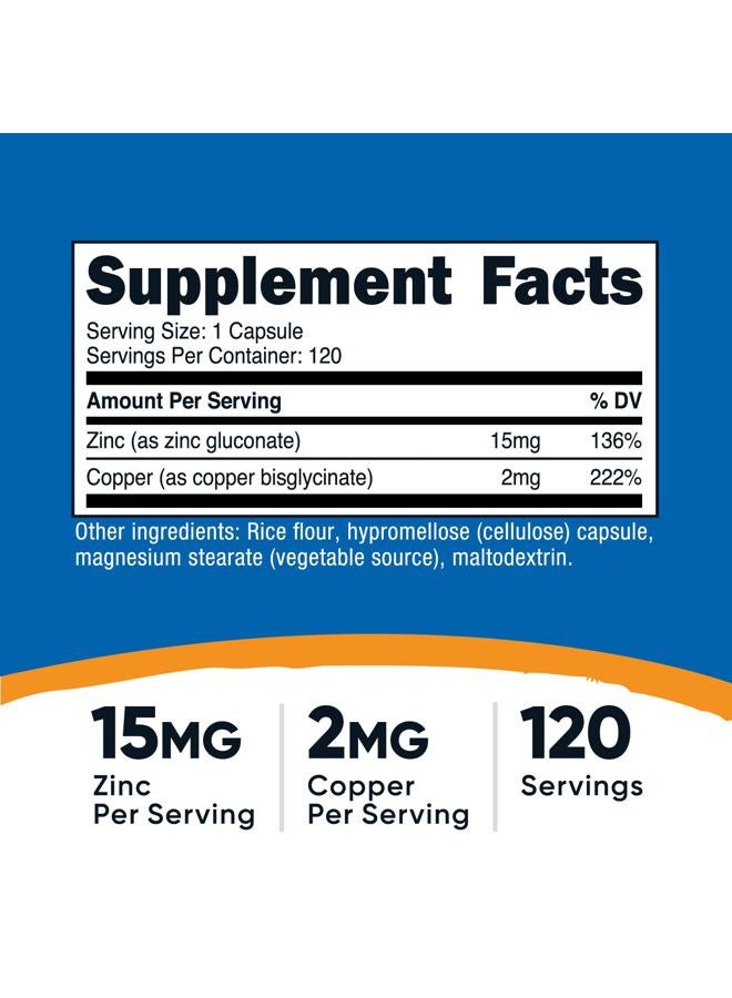 Nutricost كبسولات الزنك + النحاس (120 حصة)(15 ملغ زنك + 2 ملغ نحاس لكل حصة) - غير معدلة وراثيًا، نباتية - Image 2