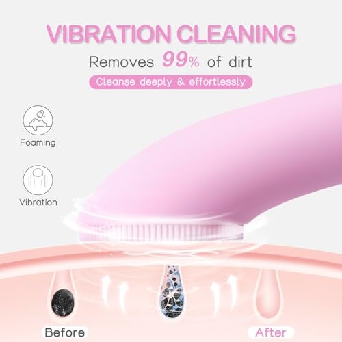 PRITECH Facial Cleansing Brush Rechargeable Silicone Face Scrubber with Heat Massage End Vibrating Exfoliator Scrubber for Deep Cleaning Waterproof Face Brush for Women and Men Pink - Image 3