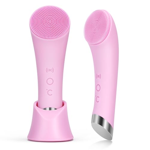 PRITECH Facial Cleansing Brush Rechargeable Silicone Face Scrubber with Heat Massage End Vibrating Exfoliator Scrubber for Deep Cleaning Waterproof Face Brush for Women and Men Pink - Image 1