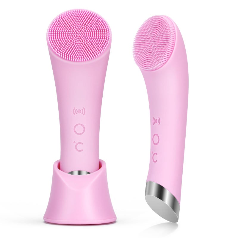 PRITECH Facial Cleansing Brush Rechargeable Silicone Face Scrubber with Heat Massage End Vibrating Exfoliator Scrubber for Deep Cleaning Waterproof Face Brush for Women and Men Pink - Image 2