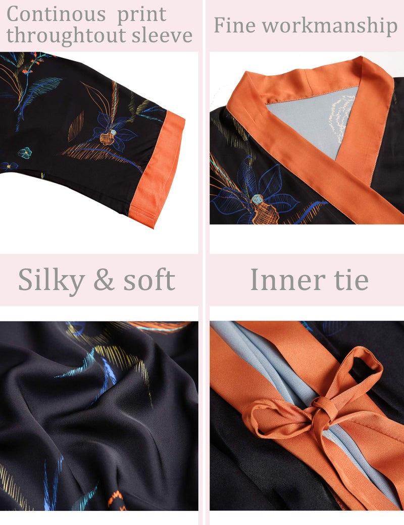 Aensso long soft silk y kimono robes for women, black floral lightweight wedding robe - Image 3