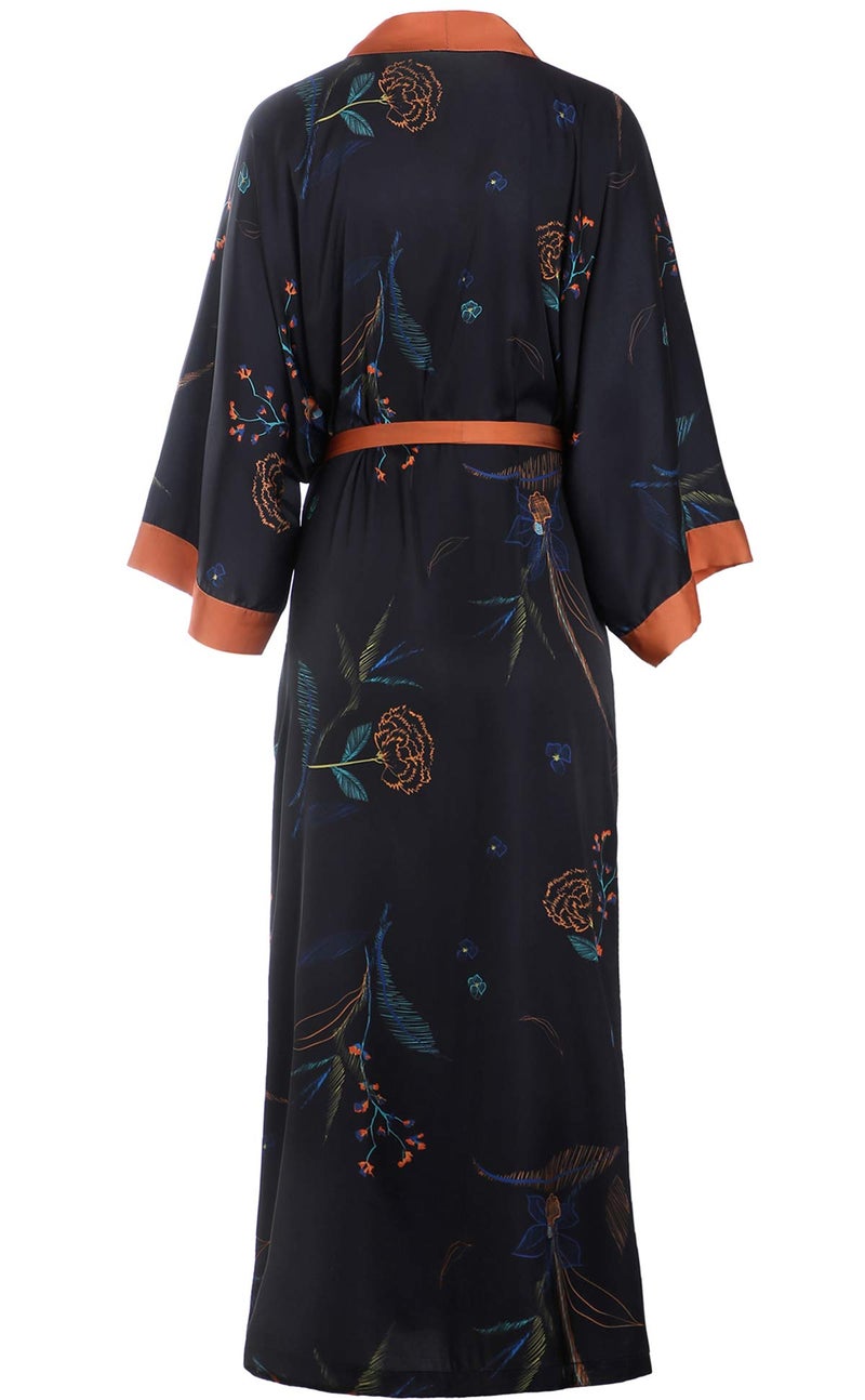 Aensso long soft silk y kimono robes for women, black floral lightweight wedding robe - Image 2