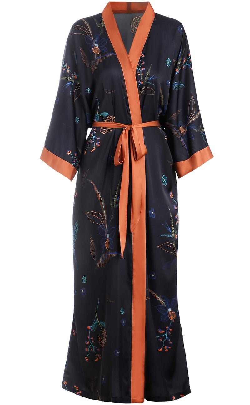 Aensso long soft silk y kimono robes for women, black floral lightweight wedding robe - Image 1
