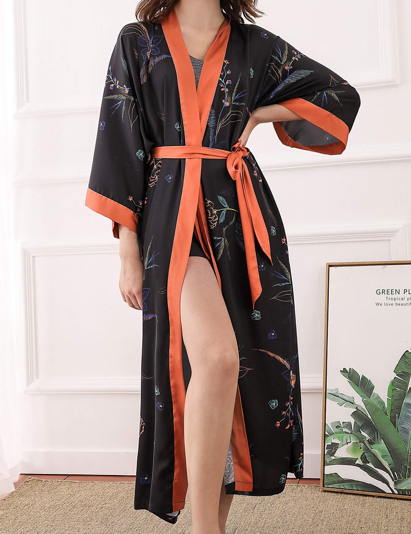 Aensso long soft silk y kimono robes for women, black floral lightweight wedding robe - Image 4