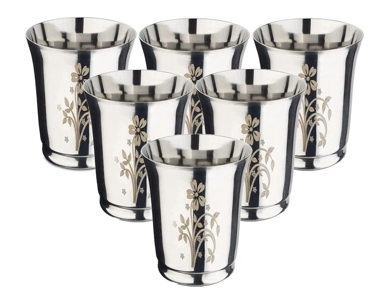 KC Stainless Steel Water Glasses Pari Design with Laser Flower Design | Capacity: 350 ML | Set of 6 Glasses - Image 1