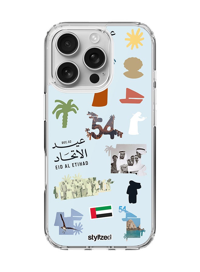 Stylizedd for iPhone 16 Pro Case [Compatible with MagSafe] Slim Magnetic cover Clear Phone Case - Eid Al Etihad 54th UAE National Day, Light Blue - Image 1