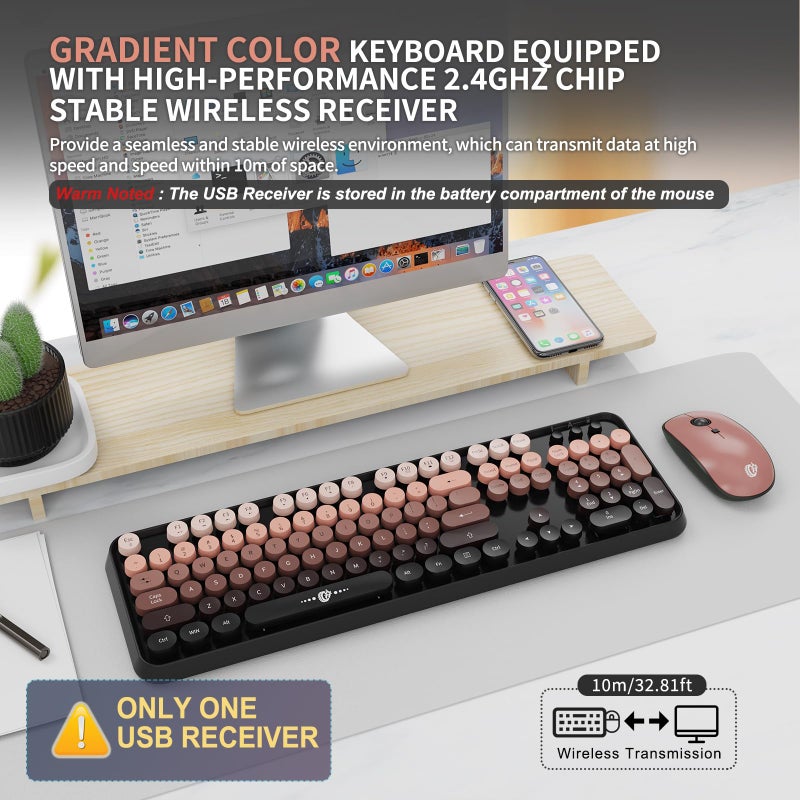 FOPETT Wireless Keyboard and Mouse Combo - 2.4G Full-Sized Cute Colorful Mouse and Keyboard with 104 Round Keys Retro Typewriter Keyboard for Laptop/Windows/PC - Pink Gradient - Image 2