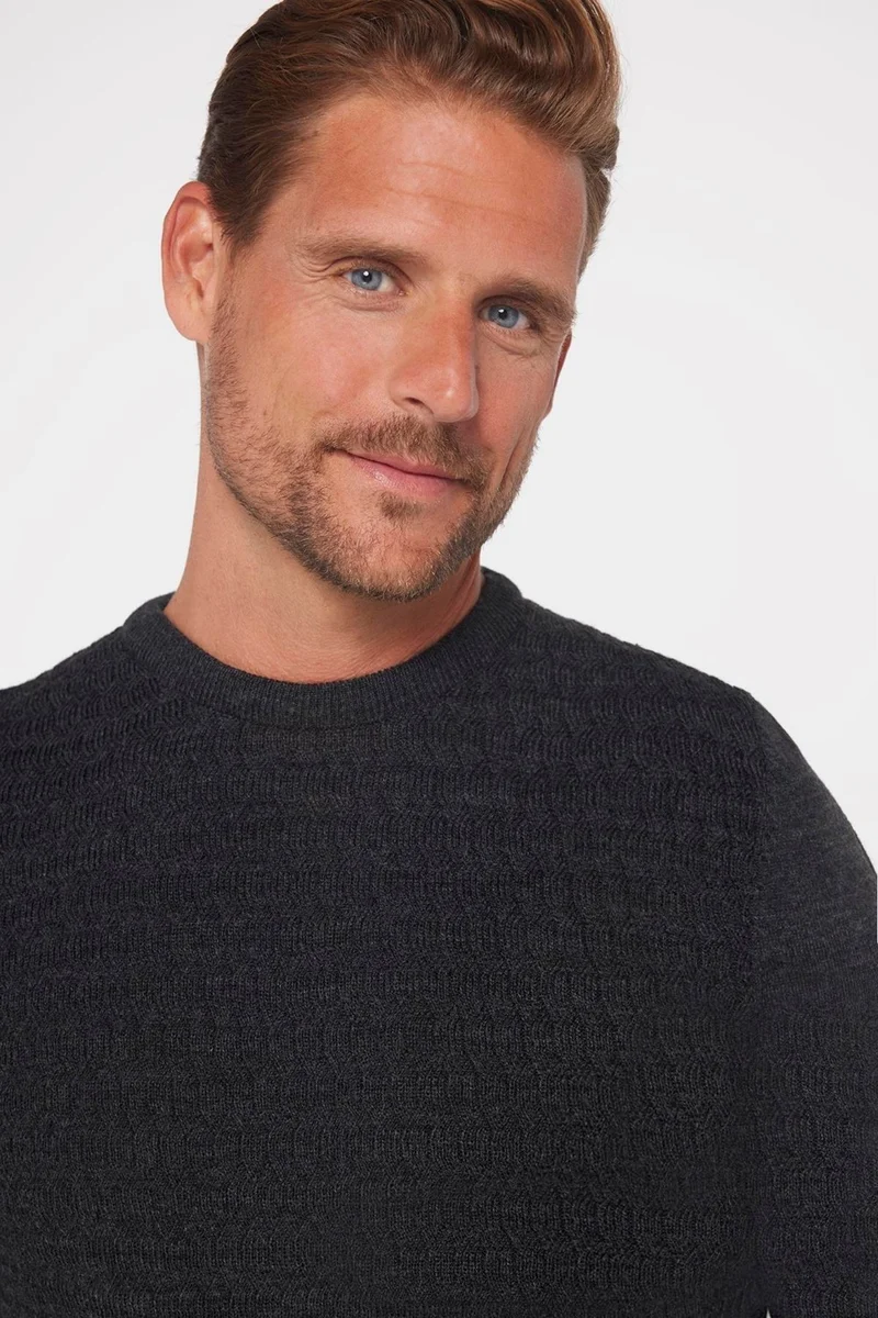 تودورس Slim Fit Crew Neck Self-Patterned Anthracite Men's Knitwear Sweater