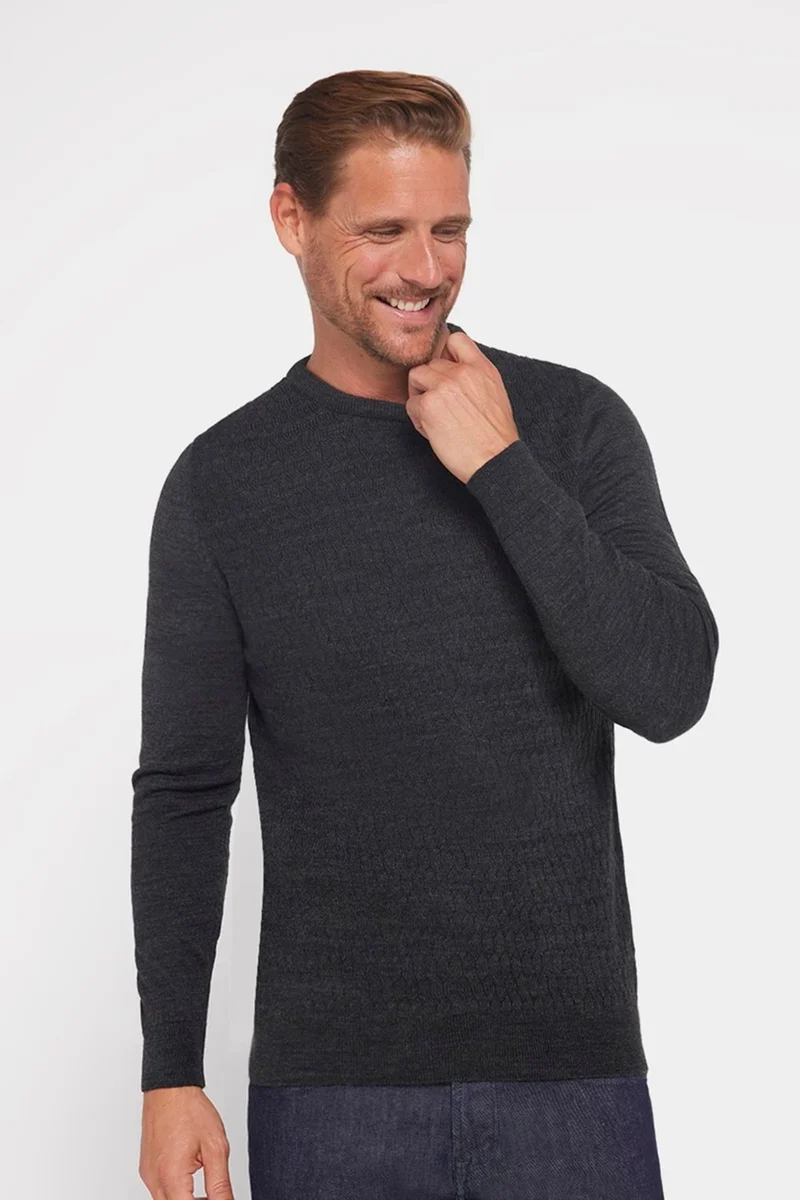 تودورس Slim Fit Crew Neck Self-Patterned Anthracite Men's Knitwear Sweater