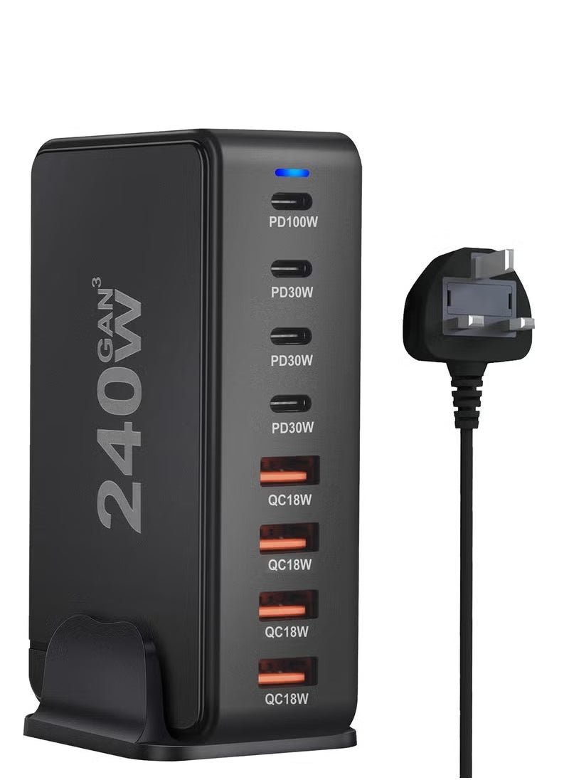 infino 240W USB C Charger Charging Station - 4 منافذ Type -C (100W ، 3x 30W) و 4 منافذ USB (QC18W) - GAN Technology - معتمدة على جهاز MacBook و iPhone و Galaxy و IPAD و Honor وأكثر - سلك الطاقة 1.5m.  - Image 1