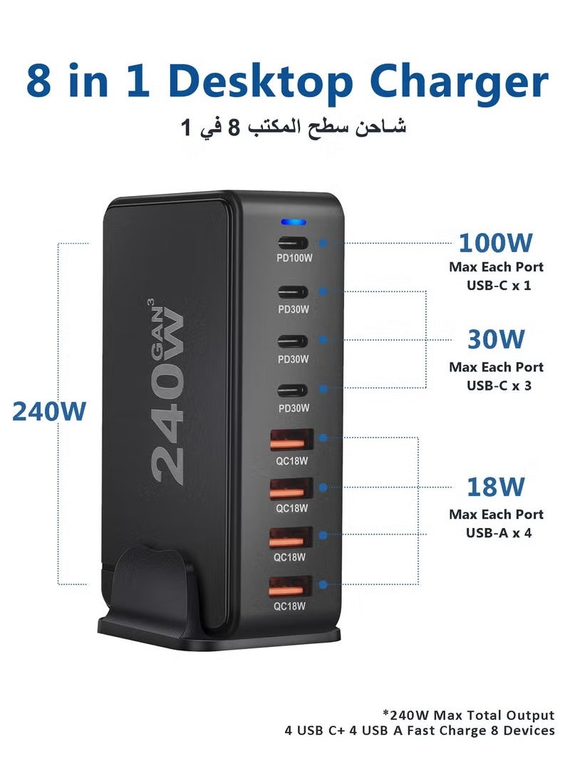infino 240W USB C Charger Charging Station - 4 منافذ Type -C (100W ، 3x 30W) و 4 منافذ USB (QC18W) - GAN Technology - معتمدة على جهاز MacBook و iPhone و Galaxy و IPAD و Honor وأكثر - سلك الطاقة 1.5m.  - Image 4