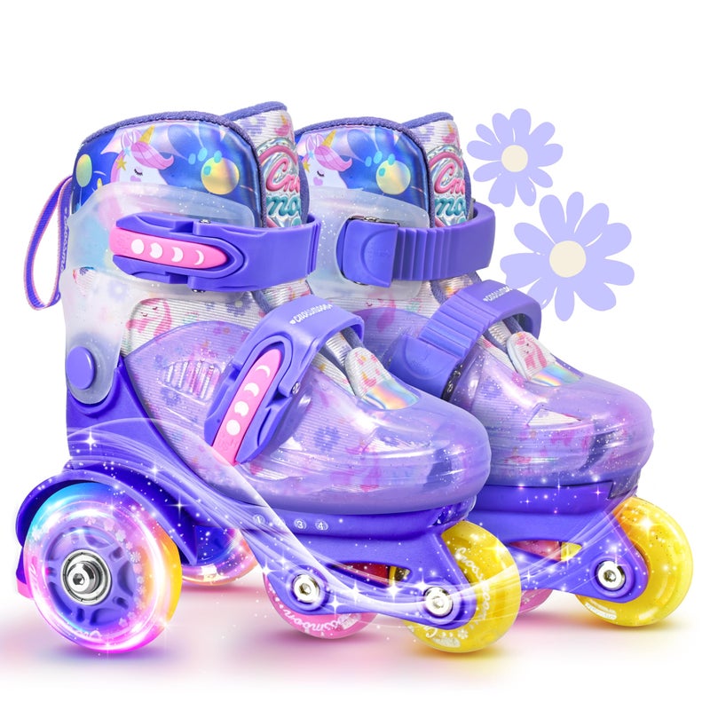 crossmoon Unicorn Toddler Roller Skates, 4 Adjustable Sizes, Fun Light-Up Wheels, Safety Three-Point Type, Breathable Upper, Beginner Roller Skates for Kids, Boys & Girls (Lavender Dream, XS-Small(6.5C-9C US)) - Image 1