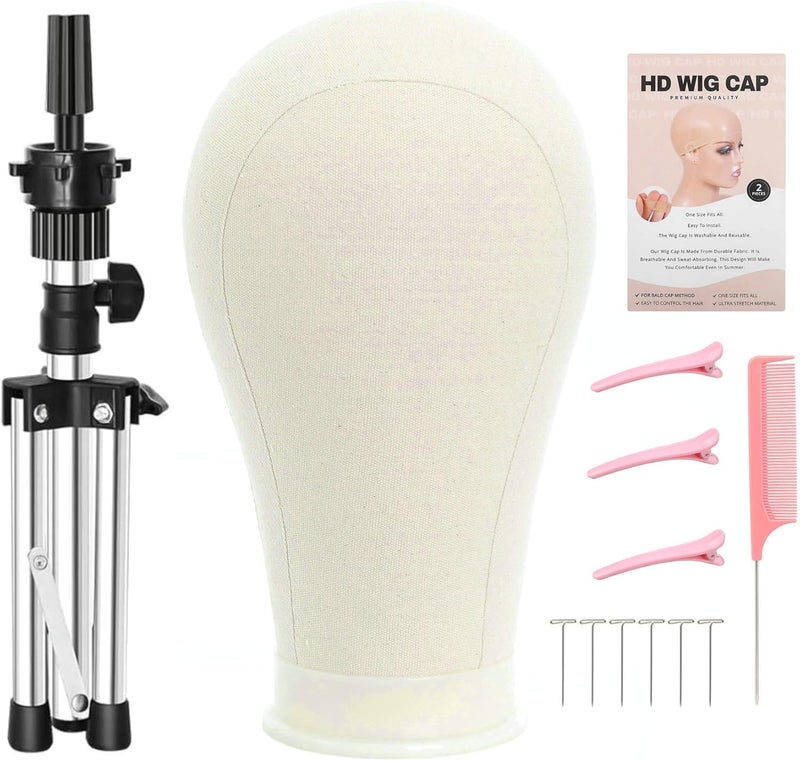FUTAI 22 Inchs Wig Canvas Mannequin Head with Stand Tripod HD Wig Cap T Pins Hair Rat Tail Comb Hairpin for Hairdresser Professional Female Practice Making Styling Display Human Hair Wig