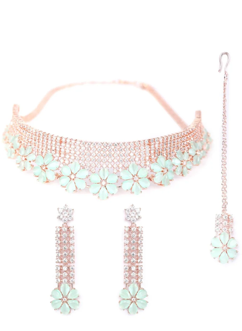 Priyaasi Rose Green AD  CZ- Studded Handcrafted Jewellery Set