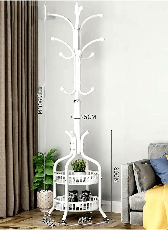 Clothes hanger with 2 shelves and several hooks for storage, white
