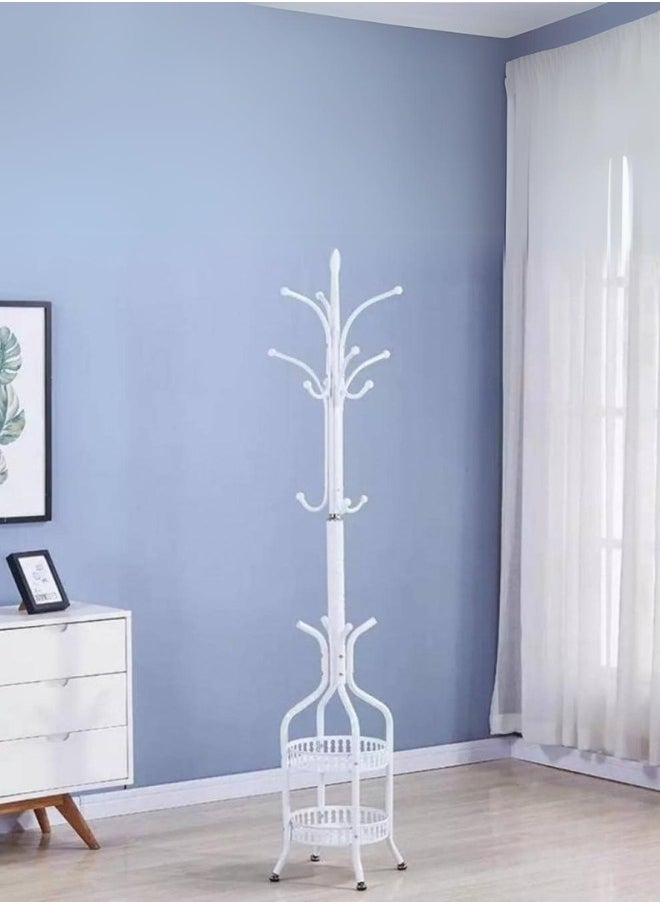 Clothes hanger with 2 shelves and several hooks for storage, white