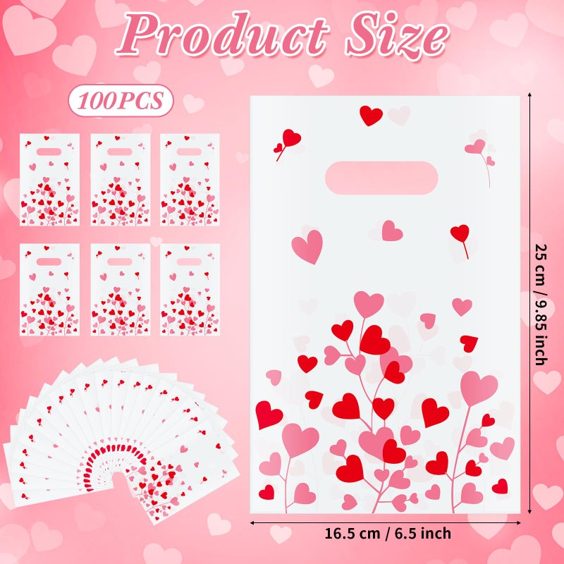 GliCraft 100 Pcs Valentine's Day Gift Bags with Handle 9.84'' x 6.5'' Plastic Love and Tree Branches Pattern Treat Bags Valentines Party Favors for Gifts Wrapping Wedding Party Supplies Decoration - Image 2